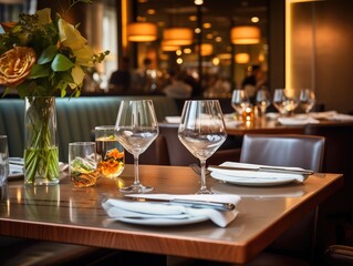 Fototapeta premium Dine in style, tables ready at a large luxury restaurant with modern ambiance