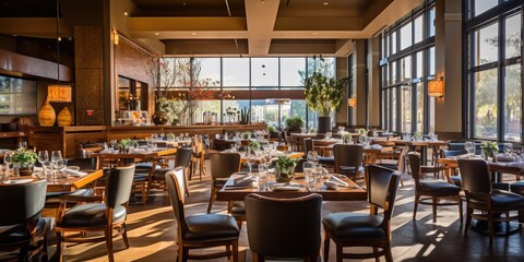 Dine in style, tables ready at a large luxury restaurant with modern ambiance