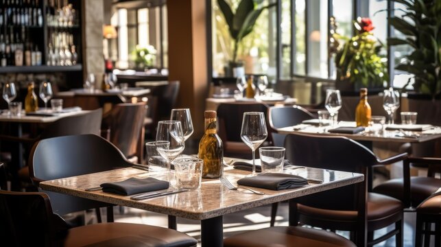 Dine in style, tables ready at a large luxury restaurant with modern ambiance