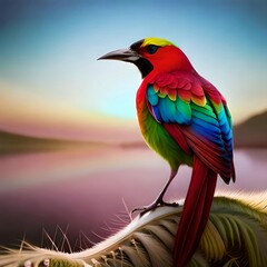 Colorful bird standing on a feather, Generative AI