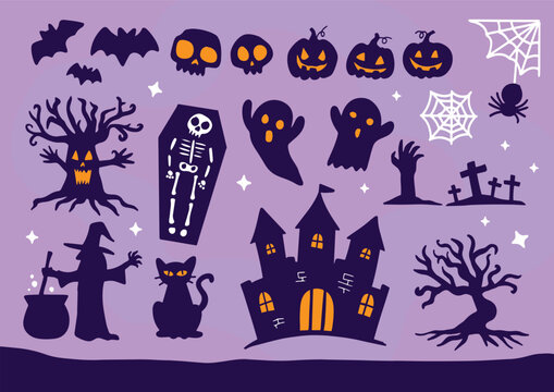 Collection of halloween silhouettes icon and character.
