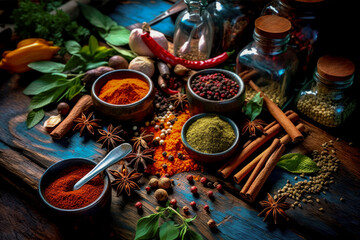 Fototapeta na wymiar Low key shot of a large variety of fresh and dried Indian cooking herbs and spices on a contrasting old weathered blue wood table. The focus is on the foreground. Created by Generative AI.