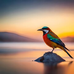 Colorful bird standing on a rock in water sunset background, Generative AI