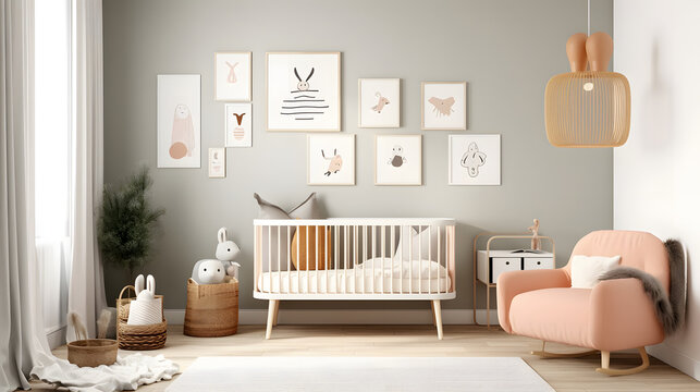Modern minimalist nursery room in scandinavian style. Baby room interior in light colours.