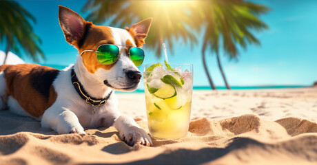Jack Russell dog lying on the sand next to a glass of fresh mojito drink relaxing at the beach wearing fashion retro sun glasses. Generative AI. 