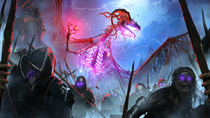 A sinister bone dragon with a red crystal in his hand raises an army of dead knights in the night fog against the background of lightning in the sky, his mystical magic revives fallen warriors. 2d art