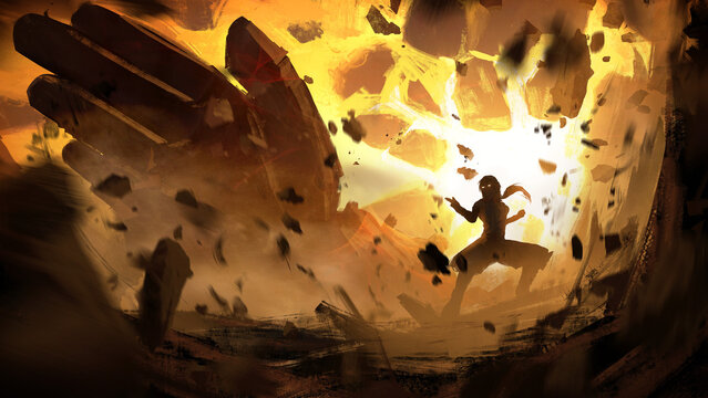 kung fu fighter girl in an epic fighting pose cuts the air with her palm, her movement is repeated by a huge stone hand of the earth element destroying everything around, behind an epic sunset. 2d art