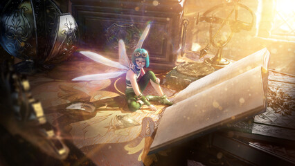 A cute fairy girl in a green suit, with rainbow wings and blue hair is sitting on an astronomer's desk in front of a huge book in the rays of the sun. She's wearing steampunk glasses 3d rendering