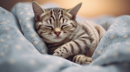 Cute cat in cozy pajamas on dreamy background. Generative IA