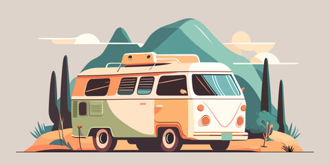 Retro van in nature. Camping van in the mountains. Image of old van © chekman