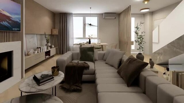 salon cocina con terraza y ba&ntilde;o . casa de lujo con escalera vista y chimenea 