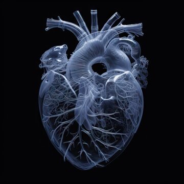 A precise X-ray radiograph image of a human heart, showing the complexities of cardiac structure. Generative AI