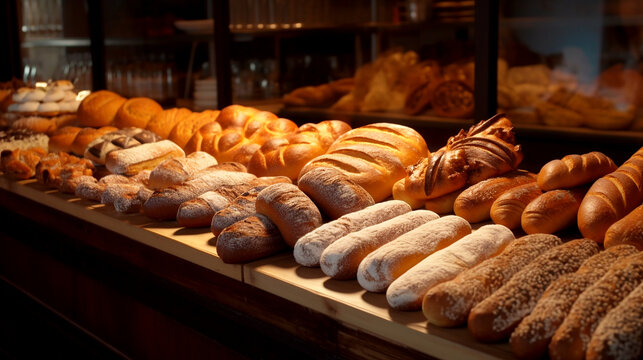 bread display in a bakery with a large selection of fresh fragrant bread, AI generated