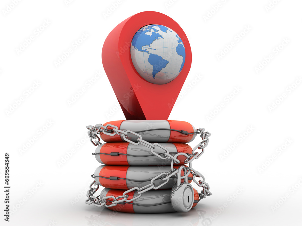 Poster 3d rendering red map pointer in life belt protection lock