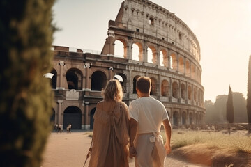Fototapeta na wymiar Travel, vacation, romance concept. Young couple traveling and walking in Rome, Italy. Colosseum in background. Man and woman view from behind. Sunset summer background. Generative AI