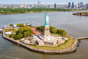 New York City Statue of Liberty aerial view in the United States