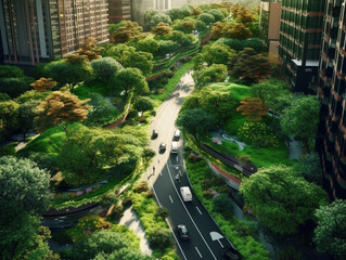 Illustration of the scenery of a city decorated with a beautiful landscape. Large trees provide shade to roads and footpaths. Public parks were established.
