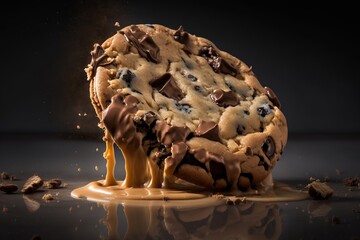 Falling shortbread chocolate chip cookie falling into peanut butter or milk drink splash. Biscuit maker advertisement. Generative ai.