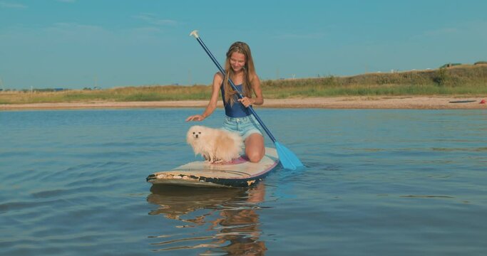cheerful smiling happy woman Paddleboarding with pomeranian puppy dog, best friend , friendship love. owner with Volpino Italiano having fun on SUP board, adventure lifestyle