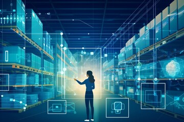 Modern warehouse of the future, a man stands in front of the shelves and chooses a product, digital preview of the content, futuristic background, generative ai