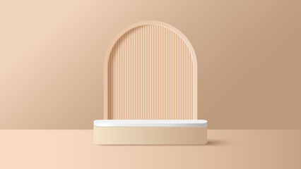 Podium platform to show product with beige geometric shape. Beige minimal scene for product display presentation