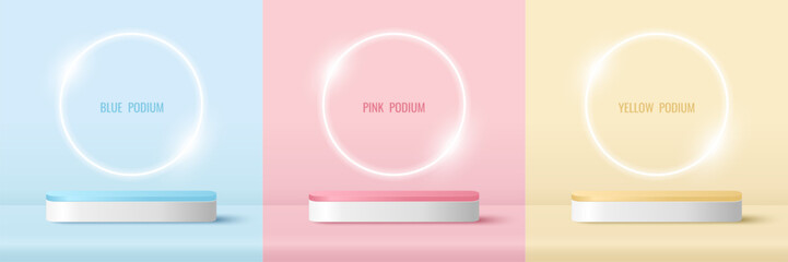 Set of podium for product display presentation with glowing neon round circle shape. Podium platform to show product with blue, yellow and pink background