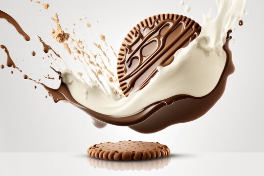 Shortbread chocolate cookie falling into milk. Snack with splashed chocolate surrounding them. Advertising shot. Dynamic food style photo. Generative ai.