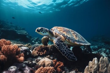 Naklejka na ściany i meble Shot of a turtle swimming underwater on a coral reef. Generative ai.