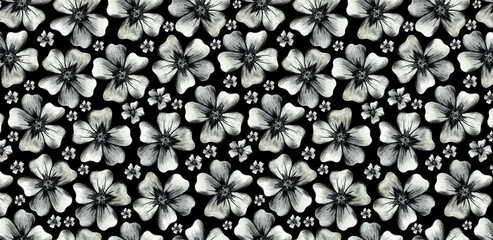 Hand Drawn Digital Paper with Black and White Marigold Flowers. Floral Pattern on White Background. Hand Drawn Flowers Digital Paper for Mug Sublimation.