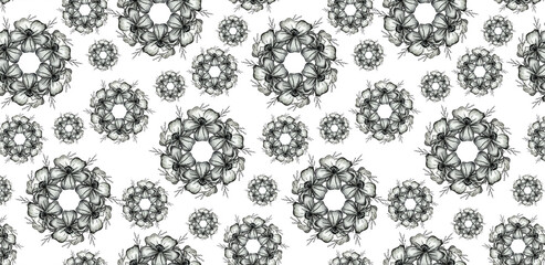 Hand Drawn Digital Paper with Black and White Marigold Flowers. Floral Pattern on White Background. Hand Drawn Flowers Digital Paper for Mug Sublimation.