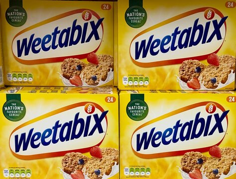 Essex, UK - June 1, 2023: Boxes of Weetabix for sale in a UK supermarket. 