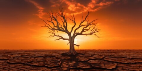 Silhouette of Dead Tree on Cracked Soil Sunset background, Global Warming Concept. Generative Ai