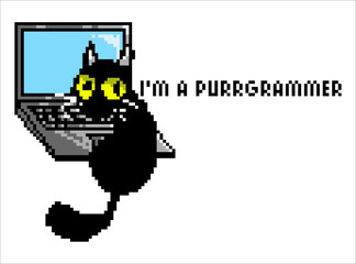 Fototapeta na wymiar Pixel art illustration of laptop and cat. I'm purrgrammer. A programmer funny quote.