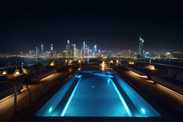 Fototapeta premium Ein schöner Pool auf einer Dachterrasse in einer Stadt wie Dubai