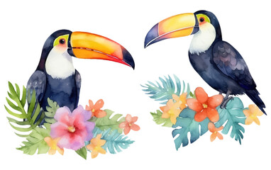 watercolor set illustration of toucan bird among the tropical leaves isolated on white background