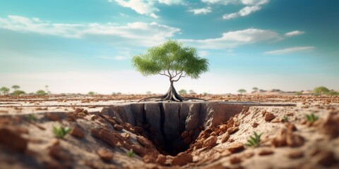 Fototapeta na wymiar Tree Growth on Cracked Earth, Plant in Arid Soil to Protect Global Warming and Climate Change. Generative Ai