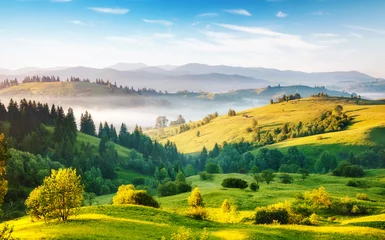 Selbstklebende Fototapete Morgen mit Nebel Splendid summer landscape of a rolling countryside on a sunny day.