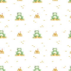 Cute froggy sitting on the beach and building a sandcastle. Watercolor seamless pattern on a white background. For baby shower, textiles, nursery decor, packaging, wrapping paper and scrapbooking