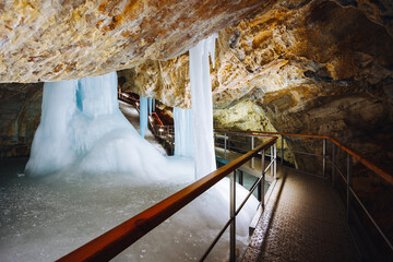 Incredible underground world of the Demanovska ice cave with ice pillars. Low Tatras National Park,...