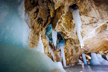 Incredible underground world of the Demanovska ice cave with ice pillars. Low Tatras National Park, Slovakia, Europe.