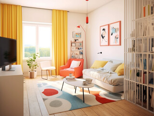 Naklejka na ściany i meble The interior layout of a studio apartment that uses the concept of bright colors. Furniture is arranged in a relatively small space and maximizes the use of available space. 
