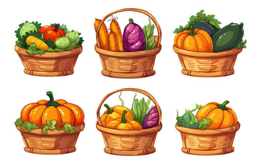set vector illustration of autumn pumpkin harvest on a basket isolated on white background
