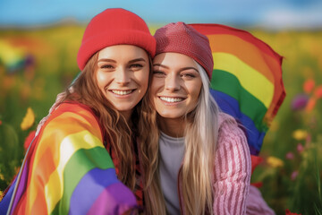 Happy couple with rainbow flag color pattern in a flower field. Inclusive generative ai society and lifestyle. Pride with diversity and inclusion.
