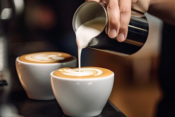Barista pouring milk into a cup of latte art coffee. A coffee cup in a close up, held by a baristas hand and pouring coffee, AI Generated