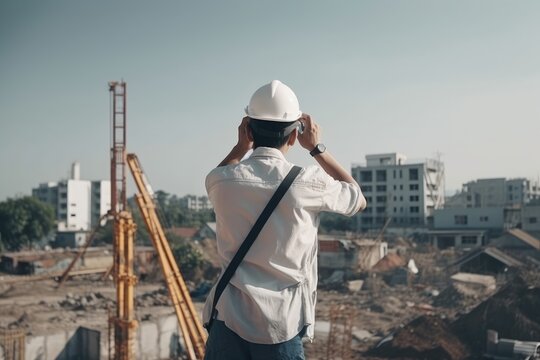 Back view of engineer wearing white hardhat and standing on construction site with copy space, A civil architect engineer inspecting an architecture, AI Generated
