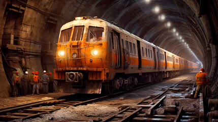 Fototapeta na wymiar Train in an underground tunnel. Subway construction. Generative AI.