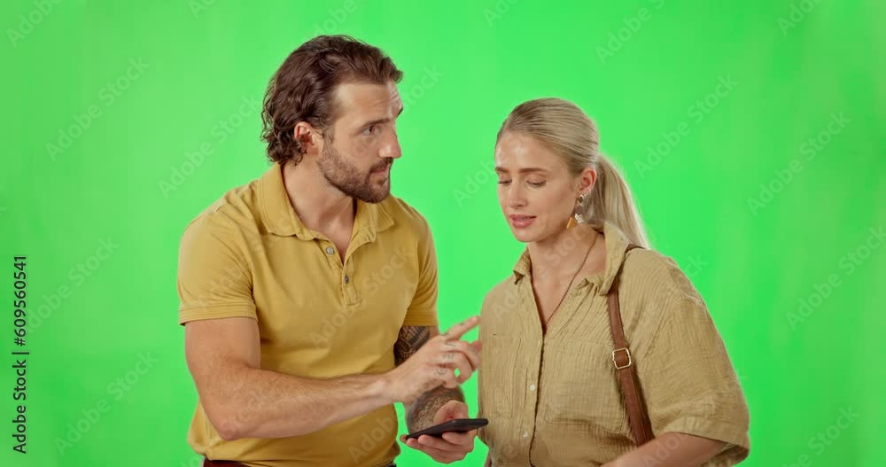 Poster lost, couple and phone on green screen for gps, direction or navigation on mockup or studio backgrou