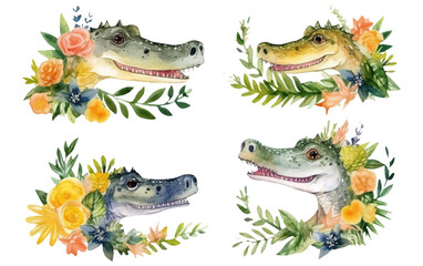 Fototapeta premium watercolor set illustration of cute crocodile isolated on white background