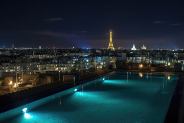 Obraz premium Ein Pool auf einer Dachterrasse in einer Stadt wie Paris