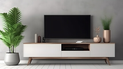 Television put on tv stand wood table, in minimal empty space livingroom room background white wall.
